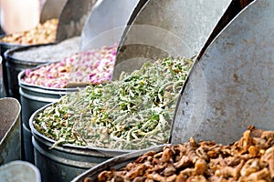 Variety of spices in medina of Marrakech, Morroco, North Africa