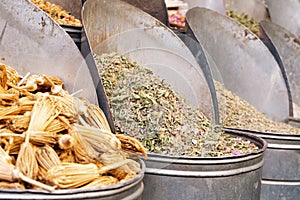 Variety of spices in medina of Marrakech, Morroco, North Africa