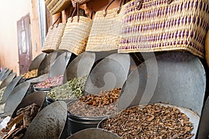 Variety of spices in medina of Marrakech, Morroco, North Africa