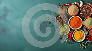 Variety of spices, seasonings and herbs in bowls on emerald backdrop. Top view. Banner with copy space. Concept of