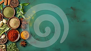 Variety of spices, seasonings and herbs in bowls on emerald background. Top view. Banner with copy space. Concept of