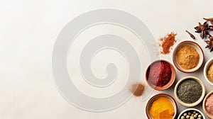 Variety of spices, seasonings and herbs in bowls on white backdrop. Top view. Banner with copy space. Concept of cooking