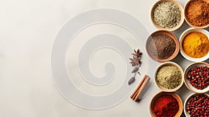 Variety of spices, seasonings and herbs in bowls on white background. Top view. Banner with copy space. Concept of