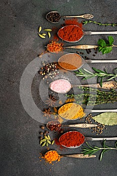 A variety of spices, seasonings and herbs in spoons on a dark background. Top view, flat lay, copy space