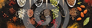 A variety of spices, seeds, nuts in spoons on a dark rustic background. Top view, flat lay