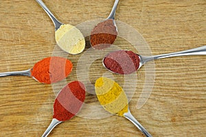 Variety of spices on spoons