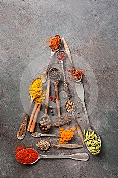A variety of spices in spoons in the shape of a Christmas tree on a dark rustic background. Abstract christmas tree. Top view,