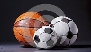 A variety of sports balls including a basketball, soccer ball, and futsal ball