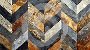 A variety of stains and textures accentuate the beauty of reclaimed wood in a close-up view of a rustic wooden wall with a chevron photo