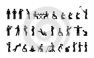 variety of standing and sitting poses, people in different situations, stickman stick figure, pictogram icons photo