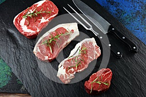 Variety Steak raw. Barbecue Rib Eye Steak, dry Aged Wagyu Entrecote Steak