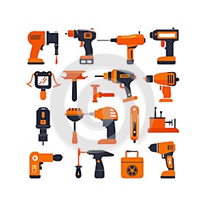 Variety of stylized power drills and tools, flat design