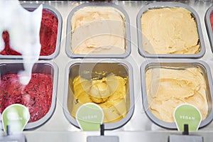 A variety of sugar-free vegan ice cream with natural ingredients on display at the gelateria. Flavors various ice cream