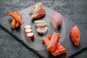 Variety of surimi products, imitation crab sticks