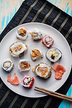 Variety of sushi rolls