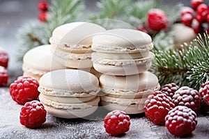 Variety of sweet macaroons. The branches of spruce on bokeh background. Modern european French cuisine. Christmas theme