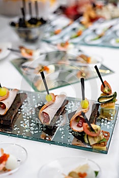 Variety of tasty delicious snacks. Close up of sliced meat on bread on a glass table.