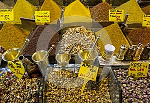 A variety of tea and spices on display at the Spice Bazaar in Istanbul in Turkey.