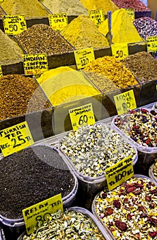 A variety of tea and spices on display at the Spice Bazaar in Istanbul in Turkey. photo