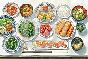 A variety of traditional Japanese dishes. Anime style illustration. Top view of food on a white wooden table - rice, salmon,