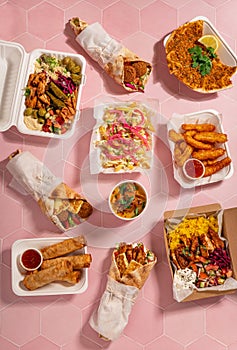 Variety of traditional takeaway Mediterranean Arabic meals