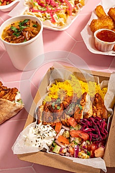 Variety of traditional takeaway Mediterranean Arabic meals