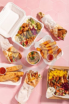 Variety of traditional takeaway Mediterranean Arabic meals