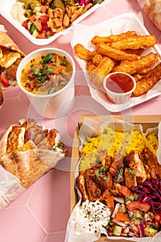 Variety of traditional takeaway Mediterranean Arabic meals