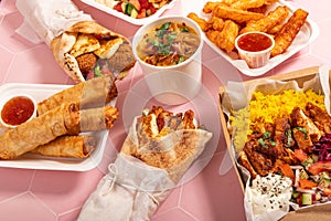 Variety of traditional takeaway Mediterranean Arabic meals
