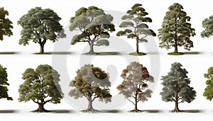 Variety of Tree Species Isolated on White Background Highlighting Unique Shapes and Foliage Patterns photo