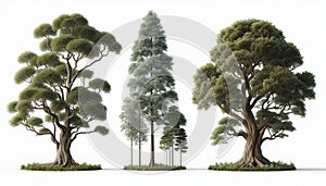 Variety of Tree Species Isolated on White Background Highlighting Unique Shapes and Foliage Patterns photo