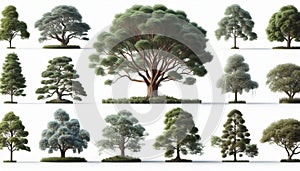 Variety of Tree Species Isolated on White Background Highlighting Unique Shapes and Foliage Patterns photo