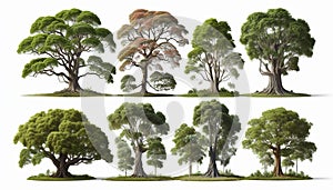 Variety of Tree Species Isolated on White Background Highlighting Unique Shapes and Foliage Patterns photo