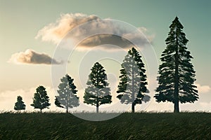 Variety of trees lead to arrow shaped tree in grassy field under serene sky