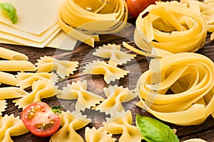 Variety of types and shapes of Italian pasta