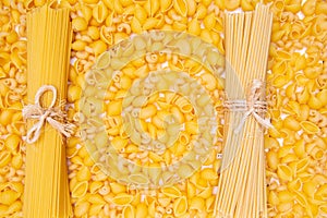 Variety of types and shapes of Italian pasta. Dry pasta backgrou