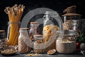 Variety of types and shapes of Italian pasta in glass jars on dark background