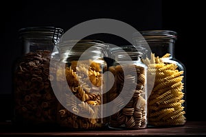 Variety of types and shapes of Italian pasta in glass jars. Generative AI