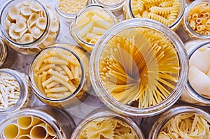 Variety of types and shapes of Italian pasta