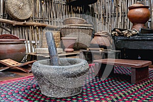 Variety and types of utensils for simple cooking of Asian families in the past. Traditional Asia and Thai old kitchen style
