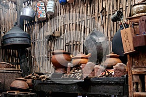 Variety and types of utensils for simple cooking of Asian families in the past. Traditional Asia and Thai old kitchen style