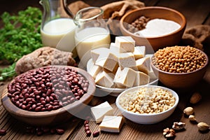 variety of vegan protein sources: beans, lentils, tofu