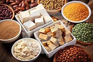 variety of vegan protein sources: beans, lentils, tofu