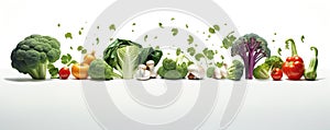 A variety of vegetables arranged horizontally in a line. Design elements with vegetables on a white background.