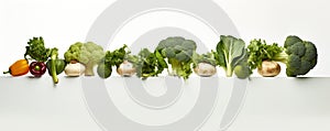 A variety of vegetables arranged horizontally in a line. Design elements with vegetables on a white background.