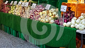 Variety of vegetables displayed at a farmers market in Chicago Loop