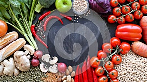 Variety of vegetables, fruits, legumes, nuts, and spices arranged around heart shape on chalkboard. Healthy eating and