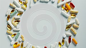 a variety of vitamin supplements, arranged in a circle. It includes diverse capsules and tablets, highlighting their colors and