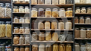 A variety of whole grain and glutenfree options lining the shelves from quinoa and brown rice to lentil pasta and chia photo