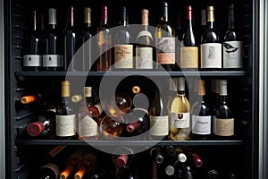 variety of wine bottles with smart tags in fridge